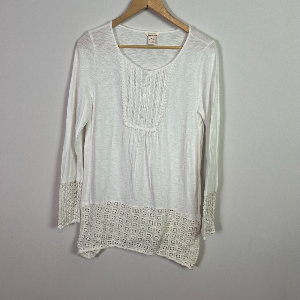 Sundance Button Crochet Cut Out Cream Long Sleeve Top Women Medium